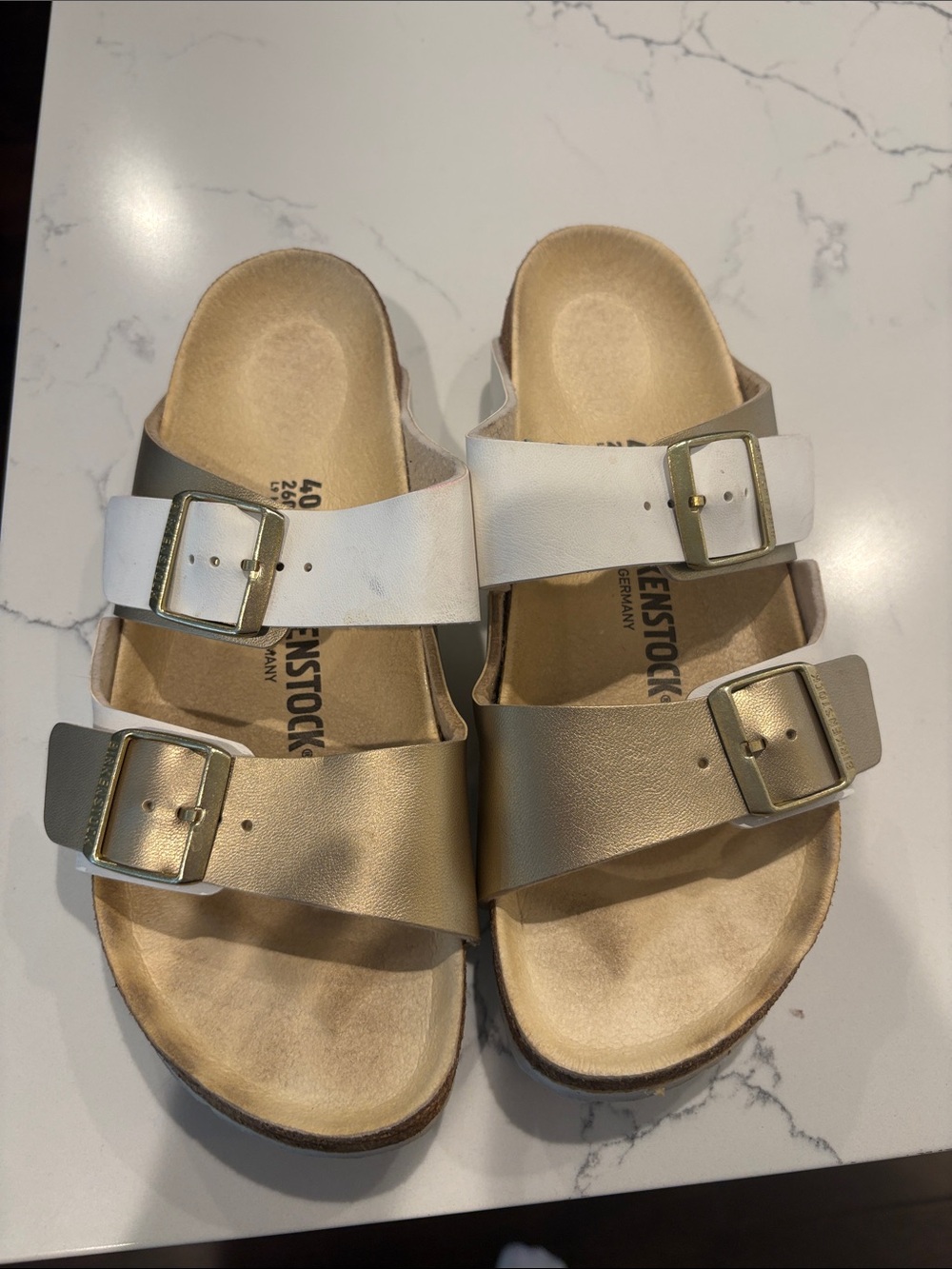 Birkenstock Women's Two-Strap Sandals in White and Metallic Gold